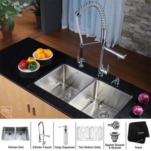 Kraus KHU102 33 KPF1602 KSD30CH 33 inch Undermount Double Bowl Stainless Steel Kitchen Sink with Chrome Kitchen Faucet and Soap Dispenser