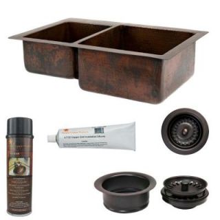 Premier Copper Products Undermount Hammered Copper 33 in. 0 Hole 40/60 Double Bowl Kitchen Sink and Drain in Oil Rubbed Bronze KSP3_K40DB33229