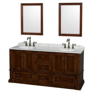 Wyndham Collection Rochester 73.5 in. Double Vanity in Cherry with Marble Vanity Top in White Carrara and 24 in. Mirrors WCVJ23172DCHCMUNOM24