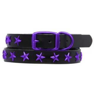 Platinum Pets 14.25 in. Black Genuine Leather Dog Collar in Purple Stars LC14INPURSTR