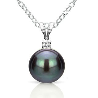 DaVonna Silver Black FW Pearl and Diamond Pendant Necklace (8 8.5 mm)