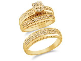 10K Yellow Gold Diamond Trio 3 Ring His & Hers Set   Flower Shape Center Setting w/ Invisible Channel Set Round Diamonds   (1/2 cttw, G H, SI2)   SEE "OVERVIEW" TO CHOOSE BOTH SIZES