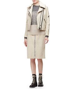 Rag & Bone Minerva Leather Jacket w/Shearling Collar, Marissa Colorblock Knit Sweater & Allison Front Zip Suede Skirt