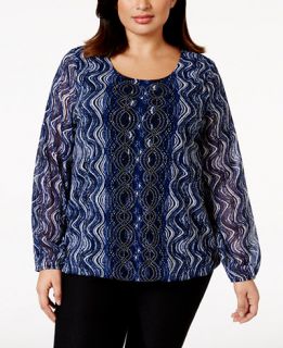 Alfani Plus Size Studded Printed Blouson Top, Only at   Tops