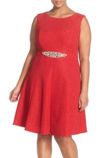 Eliza J Embellished Waist Sparkle Fit & Flare Dress (Plus Size)