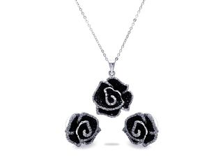 Black Cubic Zirconia CZ .925 Sterling Silver Flower Necklace Pendant Earrings Jewelry Set 567 bgs00115