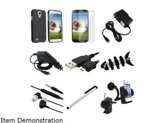 Insten 9 in 1 Black Rubber Hard Case + Clear LCD Protector + USB Cable + Charger Compatible with Samsung Galaxy S4 i9500