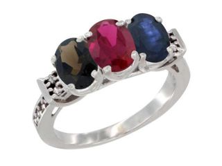 14K White Gold Natural Smoky Topaz, Enhanced Ruby & Natural Blue Sapphire Ring 3 Stone Oval 7x5 mm Diamond Accent, sizes 5   10
