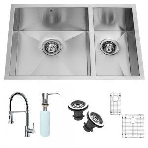 VIGO Industries VG15052 Kitchen Sink Set, Undermount Sink, Faucet, Two Grids, Two Strainers & Dispenser   Stainless Steel