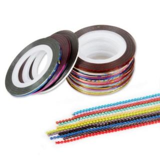 BMC Mixed Color Nail Art Decoration Tape Sticker Strips Wheel+Bead Chains Set