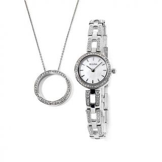 Bulova Stainless Steel Crystal Bezel Watch and Pendant with 18" Chain Set   7734820