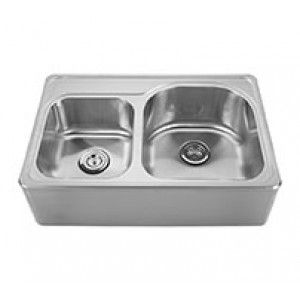 Whitehaus WHNAPD3322 Noahs Collection Brushed Stainless Steel double bowl drop in sink with a seamless customized front apron   Brushed Stainless Steel