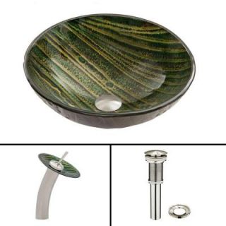 Vigo Glass Vessel Sink in Green Asteroid and Waterfall Faucet Set in Brushed Nickel VGT042BNRND