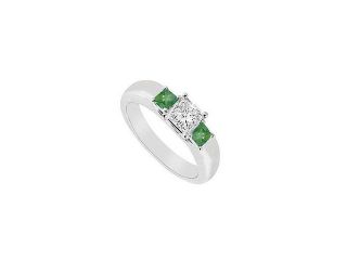 Three Stone Diamond and Emerald Ring : 14K White Gold   0.25 CT TGW